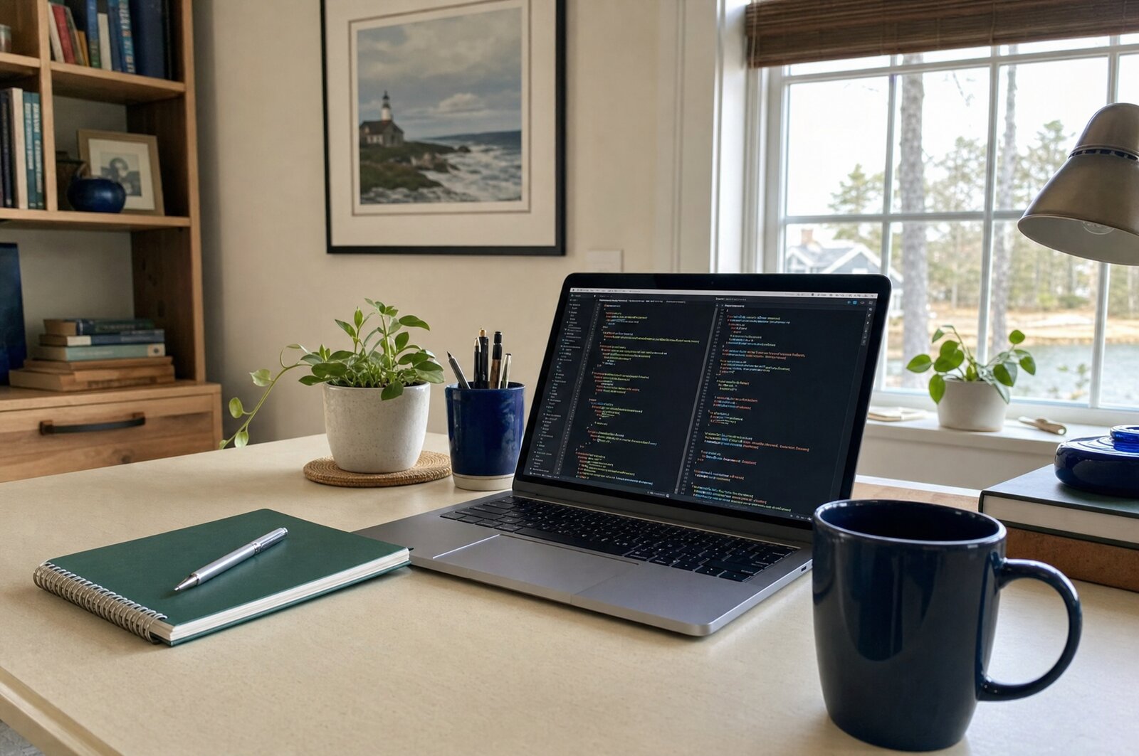 A tidy home-office desk workspace with a laptop, notebook, and coffee mug